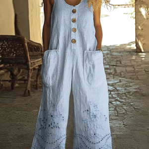 Women Plain Crew Neck Sleeveless Casual Summer Cotton Jumpsuit, Jumpsuits&Rompers, color:Sky Blue|size:4XL, catalog Noracora shop