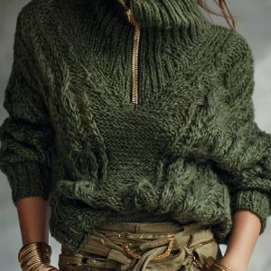 Casual Plain Zipper Turtleneck Sweater, Pullovers, color:Green|size:XXL, Stylewe
