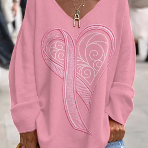 Casual Geometric V Neck Long Sleeve T-shirt, T-shirts, color:Pink|size:3XL, catalog Noracora shop
