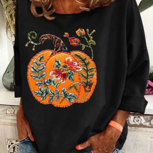 Casual Floral Pumpkin Print Crew Neck Long Sleeve T-shirt, Blouses, color:Black|size:5XL, catalog Noracora shop
