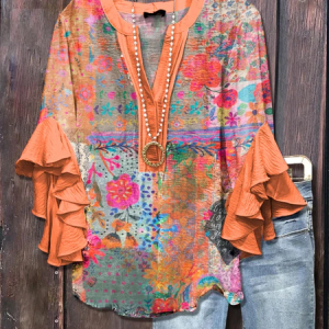 Women Floral Half Sleeve Shirt Summer Printing V Neck Daily Casual Top, JustFashionNow Shirts, color:Orange|size:4XL,