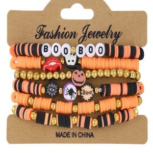 Halloween Series Polymer Clay Orange Pumpkin Skull Bat Fashion Personality Design Bracelet Set, JustFashionNow Bracelets, color:Color8|size:One-size,