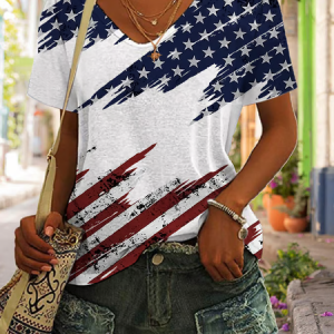Casual Independence Day (Flag) V Neck Short Sleeve T-shirt, T-shirts, color:White|size:4XL, catalog Noracora shop