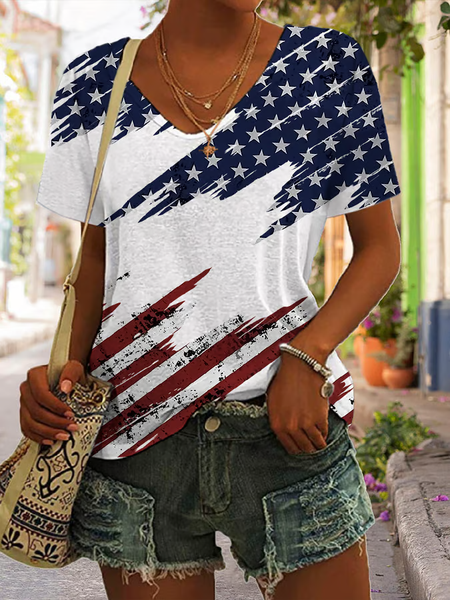 Women Independence Day (Flag) Short Sleeve Tee T-shirt V Neck Printing Casual Summer Graphic Tee Top, JustFashionNow T-Shirts, color:White|size:4XL - Image 2