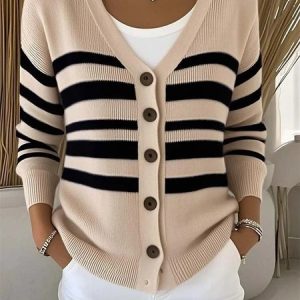 Women Striped Long Sleeve Comfy Vintage Cardigan, Cardigans, color:Khaki|size:4XL, catalog Noracora shop