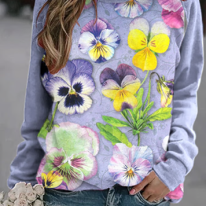 Women Floral Crew Neck Printing Casual Spring/Fall Long Sleeve Sweatshirt, JustFashionNow Sweatshirts & Hoodies, color:Purple|size:5XL,
