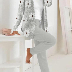 Women Floral Printing Two-Piece Set Daily Long Sleeve Casual Spring/Fall Coat With Pants Matching Set, JustFashionNow Suit Set, color:Light Gray|size:XXL,