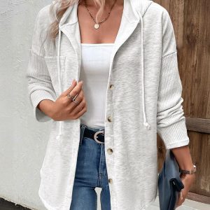 Long Sleeve Knit Ribbed Spliced Button Front Drawstring Hoodie Jacket Casual Drop Shoulder Pocket Design Asymmetrical Hem Coat, women Sweats & Hoodies, ChicMe catalog