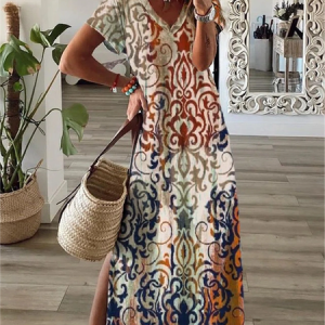 Women Floral Summer Dress V Neck Short Sleeve A-Line Dress, Dresses, color:As Picture|size:3XL, catalog Noracora shop