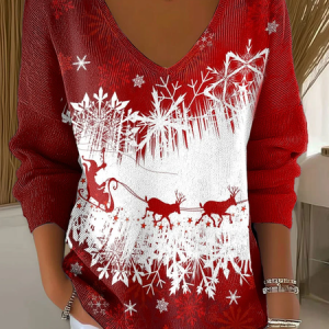 Women Christmas Long Sleeve Tee T-shirt V Neck Printing Casual Spring/Fall Top, JustFashionNow T-Shirts, color:Red|size:4XL,
