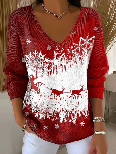 Women Christmas Long Sleeve Tee T-shirt V Neck Printing Casual Spring/Fall Top, JustFashionNow T-Shirts, color:Red|size:4XL,