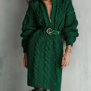 Urban Plain Zipper Mock Neck Midi Sweater Dress No Belt, Midi Dresses, color:Green|size:XXL, Stylewe