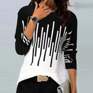 Casual Striped Crew Neck Long Sleeve T-shirt, T-shirts, color:Black-white|size:5XL, catalog Noracora shop