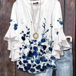 Women Floral Half Sleeve Shirt Summer Printing V Neck Daily Casual Top, JustFashionNow Shirts, color:White|size:4XL