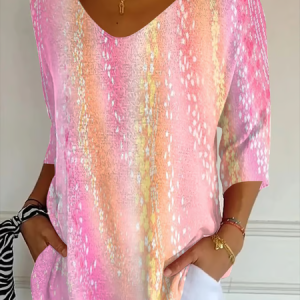 Holiday Casual Gradient 3D Sequin Print V Neck 3/4 Length Sleeve T-shirt, T-shirts, color:Pink|size:5XL, catalog Noracora shop