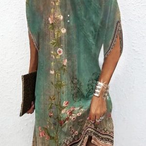 Women Geometric Dolman Sleeve Summer Printing Dress Crew Neck Short Sleeve Tank A-Line Dress, Dresses, color:darkgreen|size:XXL, catalog Noracora shop