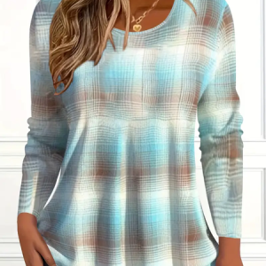 Women Abstract Plaid Long Sleeve Tee T-shirt Crew Neck Printing Casual Spring/Fall Graphic Tee Top, JustFashionNow T-Shirts, color:Blue|size:XXL,