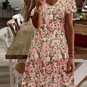 Women Floral Short Sleeve Summer Printing Dress V Neck Daily Casual Midi Fit & Flare Dress A-Line Dress, JustFashionNow Casual Dresses, color:Red Brown|size:5XL,