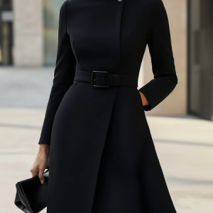 Urban Plain Buttoned Mock Neck Midi Dress With Belt, Midi Dresses, color:Black|size:XXL, Stylewe