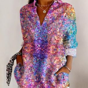 V Neck Long Sleeve Ombre Regular Micro-Elasticity Regular Fit Shirt For Women, Shirts, color:Purple|size:4XL, catalog Noracora shop