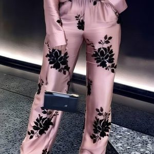 Plus Size Urban Floral Printing Straight Pants, Plus Pants, color:Pink|size:4X, Stylewe