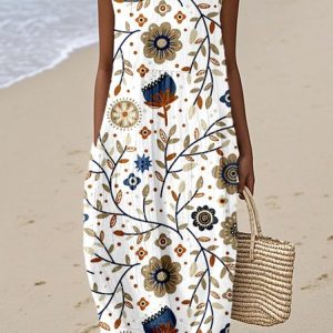 Women Floral Summer Dress Crew Neck Sleeveless A-Line Dress, Maxi, color:White|size:4XL, catalog Noracora shop