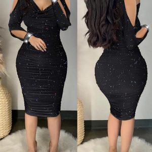Rhinestone Decor Cowl Neck Cold Shoulder Bodycon Dress Glitter Hollow-out Long Sleeve Ruched Party Dress, women Bodycon Dresses, ChicMe catalog
