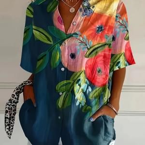 Women Floral Short Sleeve Shirt Summer Printing Shirt Collar Daily Casual Top, JustFashionNow Shirts, color:Navyblue|size:5XL,