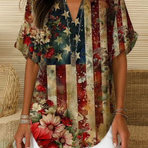 V Neck Short Sleeve Floral Printing Regular Loose Shirt For Women, Shirts, color:As Picture|size:5XL, catalog Noracora shop