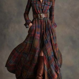 Urban Plaid Printing Shirt Collar Maxi Dress No Belt, Maxi Dresses, color:As Picture|size:XXL, Stylewe