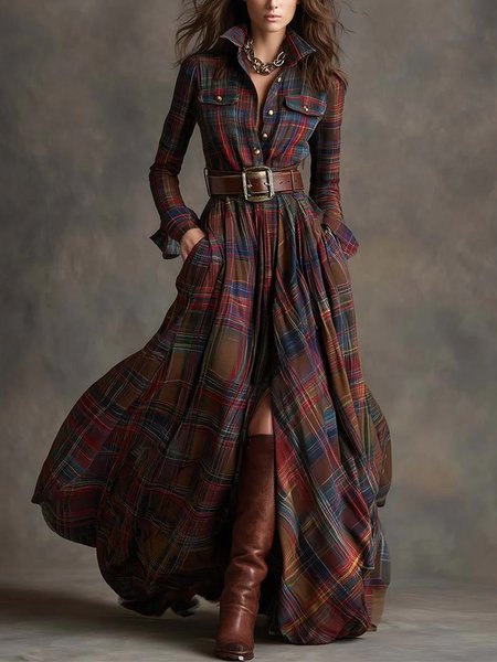 Urban Plaid Printing Shirt Collar Maxi Dress No Belt, Maxi Dresses, color:As Picture|size:XXL, Stylewe
