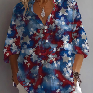 Women Independence Day (Flag) Long Sleeve Shirt Spring/Fall Printing Shirt Collar Daily Casual Top, JustFashionNow Shirts, color:Blue|size:5XL,