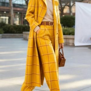 Urban Printing Plaid Lapel Collar Coat, Coats, color:Yellow|size:XXL, Stylewe
