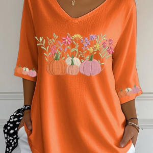 Casual Floral V Neck Three Quarter Sleeve T-shirt, T-shirts, color:Orange|size:5XL, catalog Noracora shop