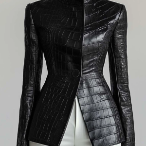 Urban Buttoned Textured Croc-Effect Faux Leather Coat, Jackets, color:Black|size:XS, Stylewe