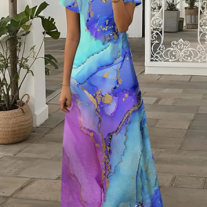 Women Abstract Short Sleeve Summer Printing Dress V Neck Daily Casual Maxi X-Line Dress, JustFashionNow Casual Dresses, color:As Picture|size:3XL,
