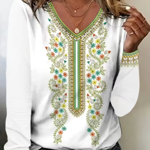 Women Floral Long Sleeve Tee T-shirt V Neck Printing Casual Spring/Fall Graphic Tee Top, JustFashionNow T-Shirts, color:White|size:XXL,