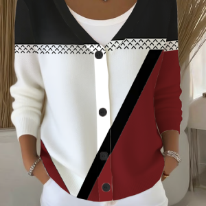 Women Abstract Long Sleeve V Neck Casual Spring/Fall Cardigan Outerwear, JustFashionNow Cardigans, color:Red|size:5XL,