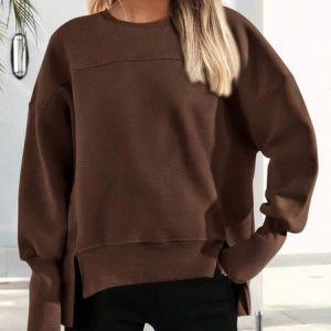 Casual Crew Neck Plain Sweatshirt, Sweaters, color:Coffee|size:XXL, catalog Noracora shop