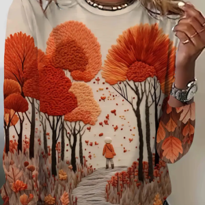 Women Tree Long Sleeve Tee T-shirt Crew Neck Printing Casual Spring/Fall Graphic Tee Top, JustFashionNow T-Shirts, color:Apricot|size:XXL,