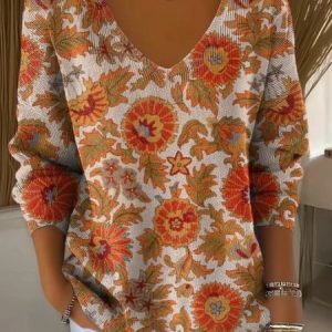 Women's Ethnic Floral Autumn Art Pattern Print Casual V Neck Pullover Blouse, Blouses, color:Orange|size:4XL, catalog Noracora shop