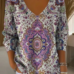 Casual Ethnic V Neck Long Sleeve T-shirt, Sweaters, color:Purple|size:4XL, catalog Noracora shop