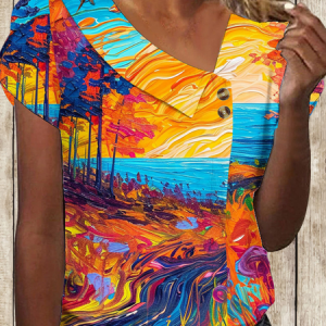 Women Geometric Short Sleeve Tee T-shirt Asymmetrical Buckle Vintage Summer Top, JustFashionNow T-Shirts, color:Yellow|size:5XL,