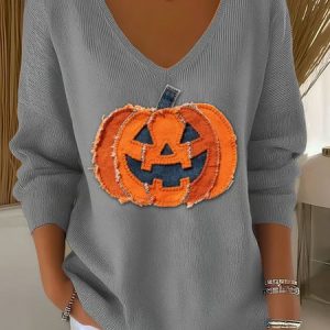 Women Cotton Halloween Pumpkin Print Long Sleeve Comfy Casual Sweater, Sweaters, color:Gray|size:4XL, catalog Noracora shop