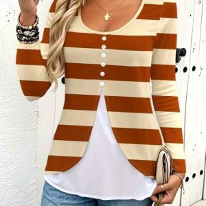 Casual Striped V Neck Long Sleeve T-shirt, T-shirts, color:Khaki|size:XXL, catalog Noracora shop