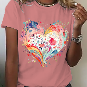 Casual Heart/Cordate Crew Neck Short Sleeve T-shirt, T-shirts, color:Orange Pink|size:3XL, catalog Noracora shop