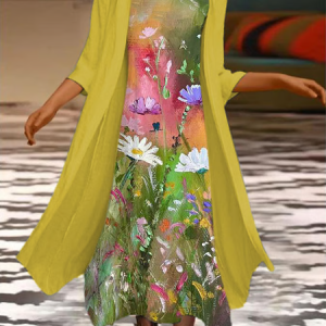 Women Floral Printing Two-Piece Set Daily Three Quarter Sleeve Casual Spring/Fall Coat With Skirt Matching Set, JustFashionNow 2-Piece Dresses, color:Yellow|size:4XL,