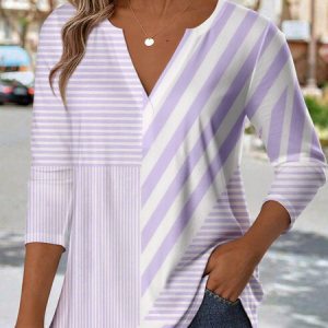 V Neck Long Sleeve Striped Regular Medium Elasticity Loose Blouse For Women, T-shirts, color:Purple|size:XXL, catalog Noracora shop