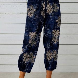 Women Geometric Ankle Pants Elastic Waist Pants Vintage Spring/Fall Trousers, JustFashionNow Pants, color:Navyblue|size:3XL,