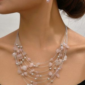Multi-layer Exaggerated Bohemian Turquoise Crystal Necklace Earring Set, Necklace, color:Pink|size:One-size, catalog Noracora shop